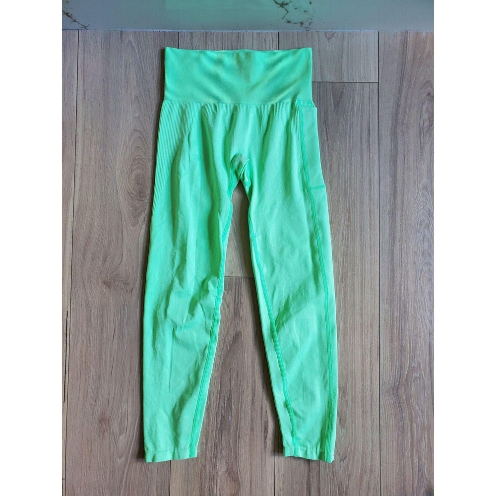 PINK Leggings Womens XS Neon Green High Rise Ankle Ribbed Waist Yoga Pants